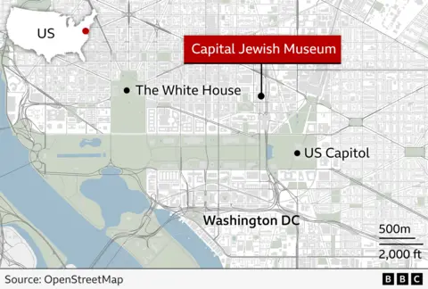 Map showing location of the Capital Jewish Museum in Washington DC. The White House and US Capitol building also highlighted