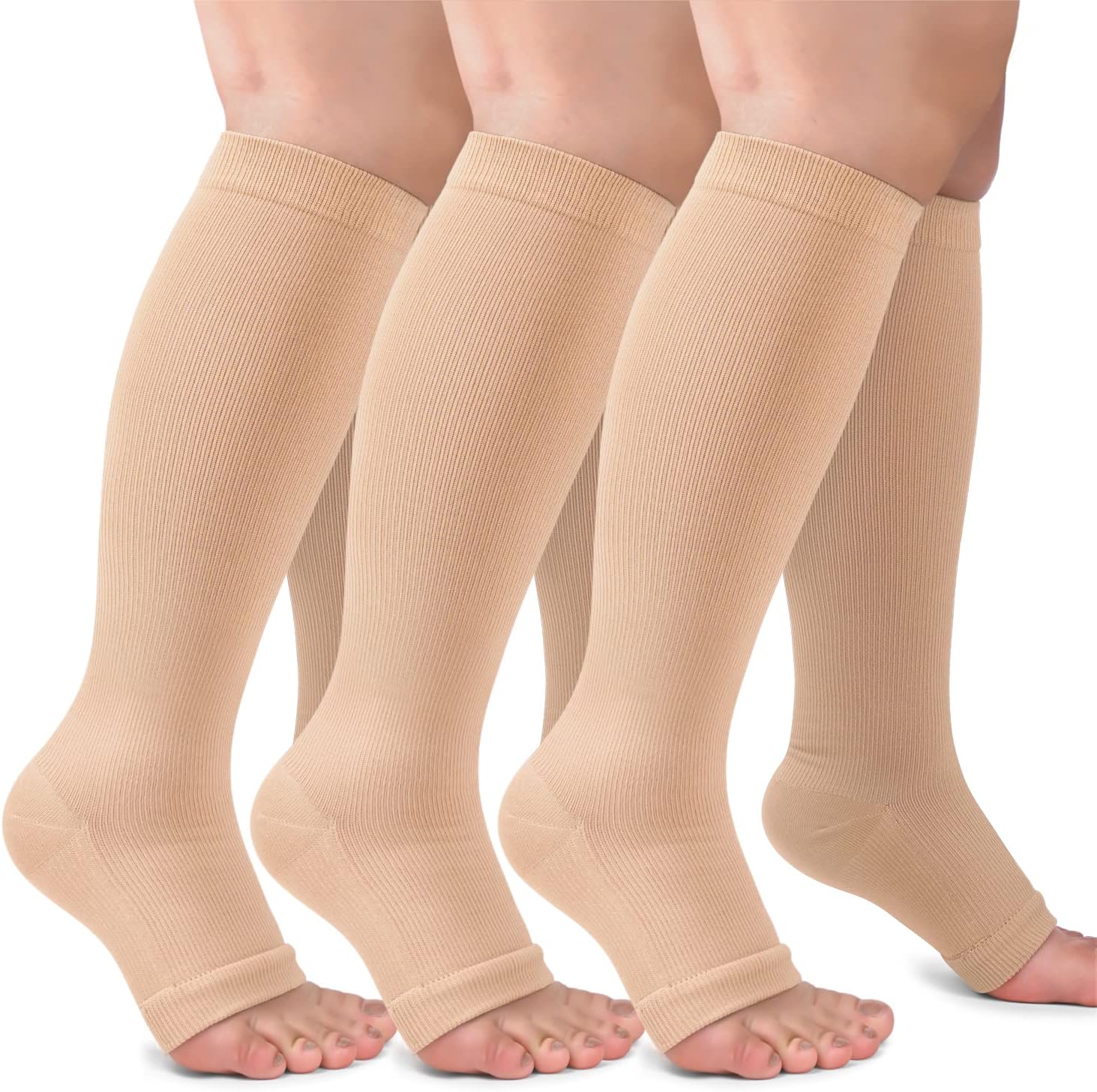 3 Pack Copper Compression Socks for Women & Men, 20-30mmHg Open Toe Knee High Stockings for Circulation Support