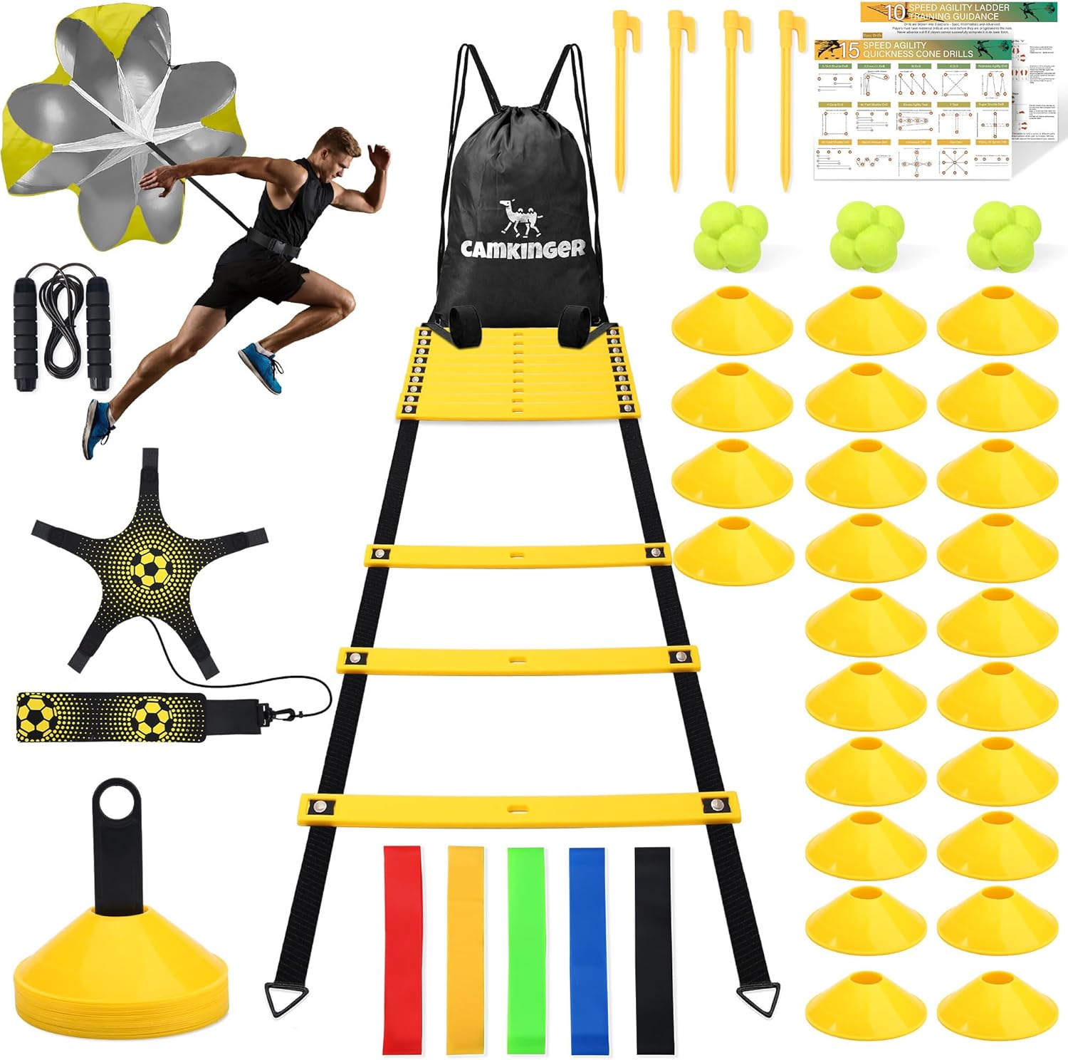 Agility Ladder Speed Training Equipment Set-20ft Speed Ladder/Running Parachute/24 Soccer Cones/Soccer Kick Trainer/Jump Rope/Reaction Balls/Resistance Bands for Kids Youth Adults