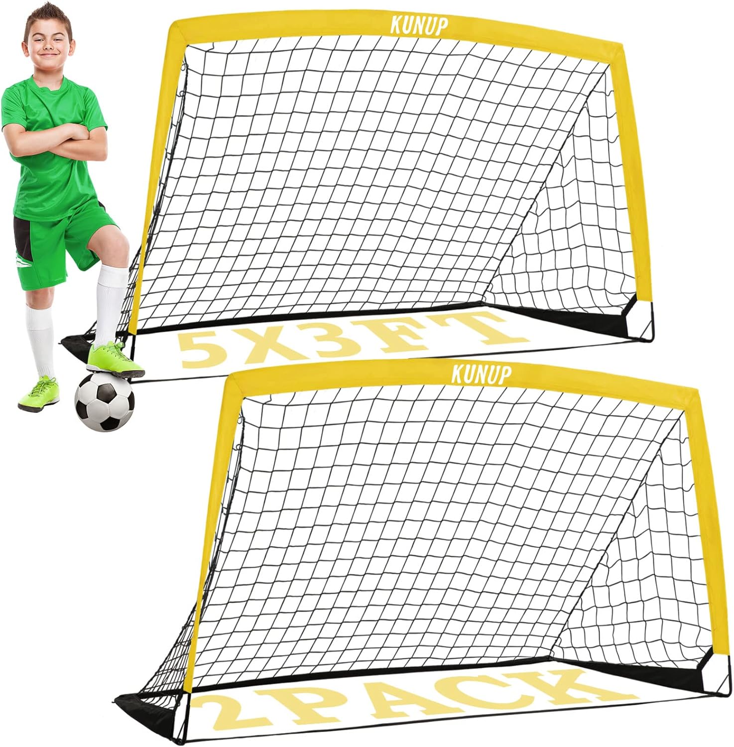 Kids Soccer Goals for Backyard, 5×3, 6×4, 9×5FT 2 Pieces Easy Foldable Soccer Practice Net with Portable Carrying Bag for Toddler Youth Adult Soccer Training Equipment Outdoor Sports Game