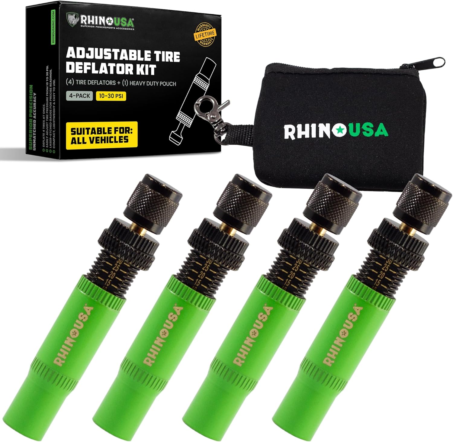 Rhino USA Adjustable Tire Deflator Kit (10-30 PSI) Ultimate Screw-on Automatic Tire Deflators for Offroad – Quick & Easy Air Down System for The Trails – Best Jeep Off Road Accessories (4-Pack)