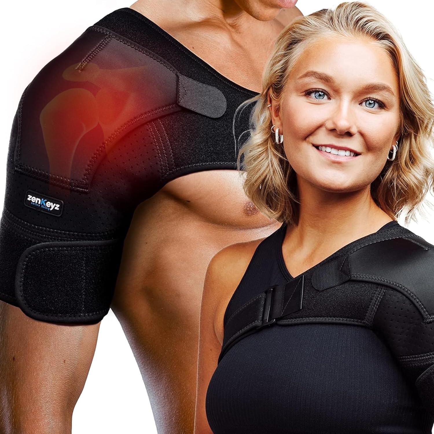 ZENKEYZ Shoulder Brace for Women & Men, Torn Rotator Cuff Shoulder Support, Neoprene Shoulders Compression Sleeve – Injury Pain Relief Arm Sleeves for Men & Women, Left & Right (Black, 2XL)