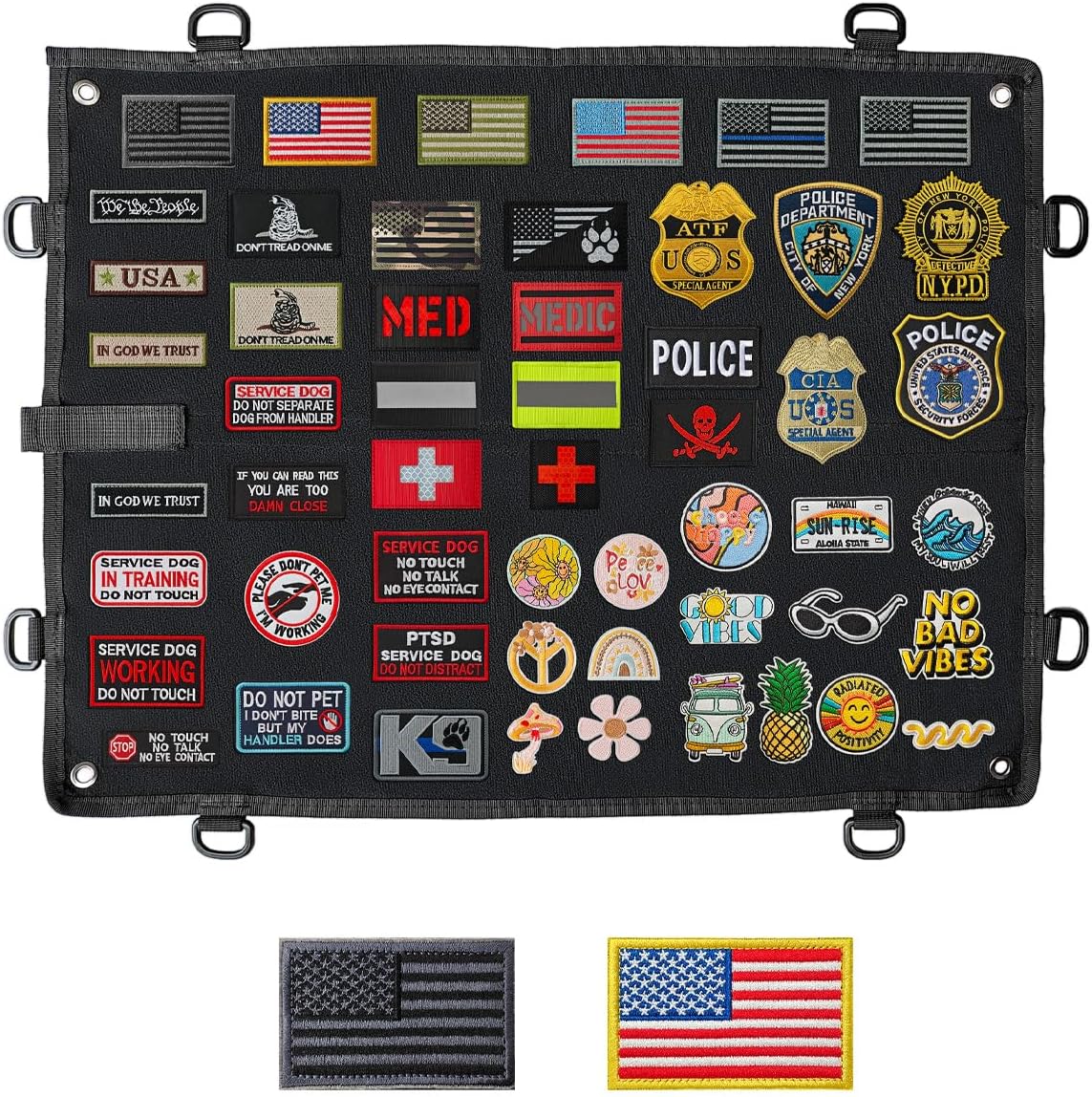 Tactical Patch Display Holder Panel, Foldable Military Patches Display Board Organizer for Collection Army Combat Morale Emblems, Black with D rings
