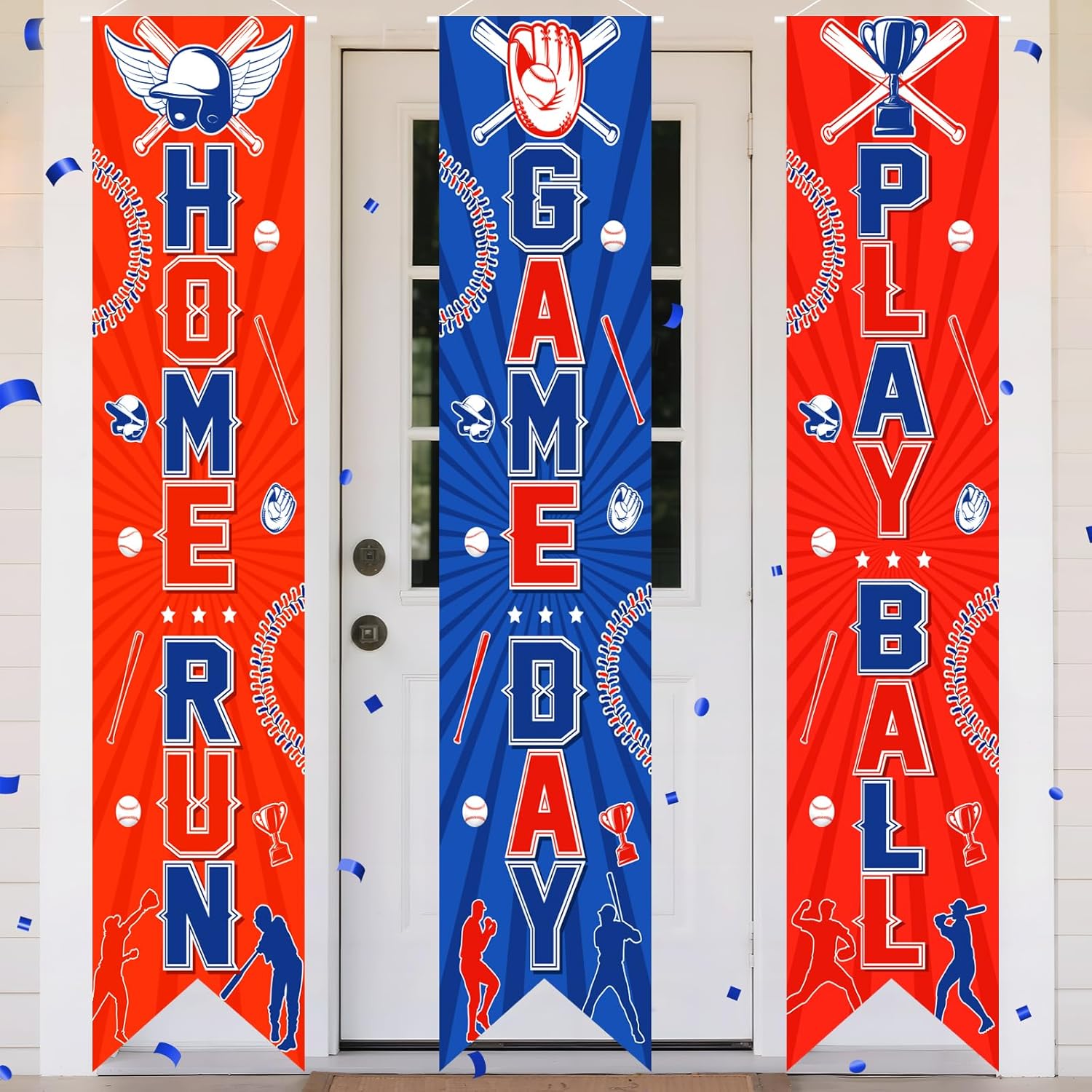 3PCS Baseball Porch Sign Banners,Red Blue Baseball Sports Party Decorations Welcome Hanging Baseball Door Banner for Wall Yard Game Time Day Festival Party Supplies Decor School Home Indoor Outdoor