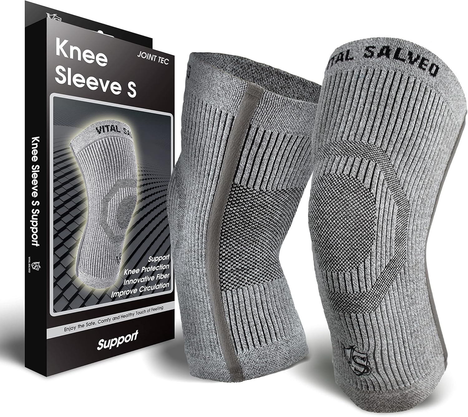 VITAL SALVEO-Compression Recovery Knee Sleeve/Brace S-Support, Pain Relief, Protects Joint – Ideal for Sports and Daily Wear-Light Grey (1 Pair)-XL