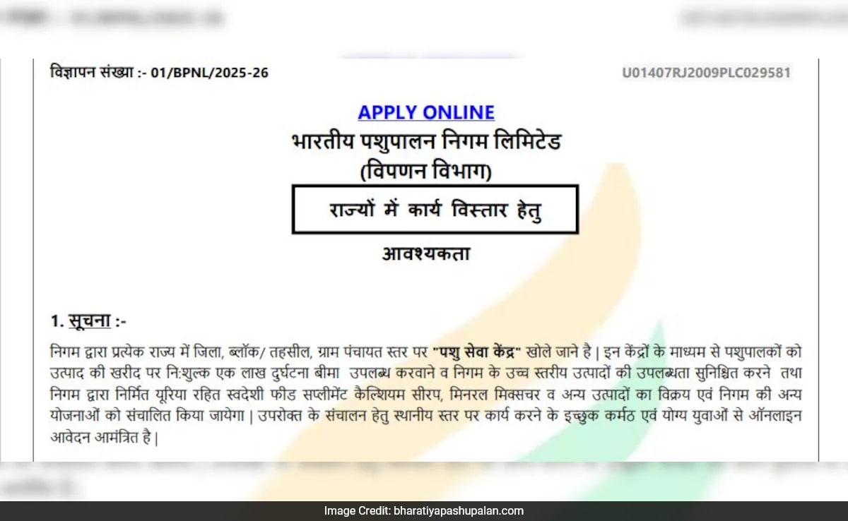 Bhartiya Pashupalan Nigam Hiring For Various Posts, Monthly Salary Up To Rs 75,000